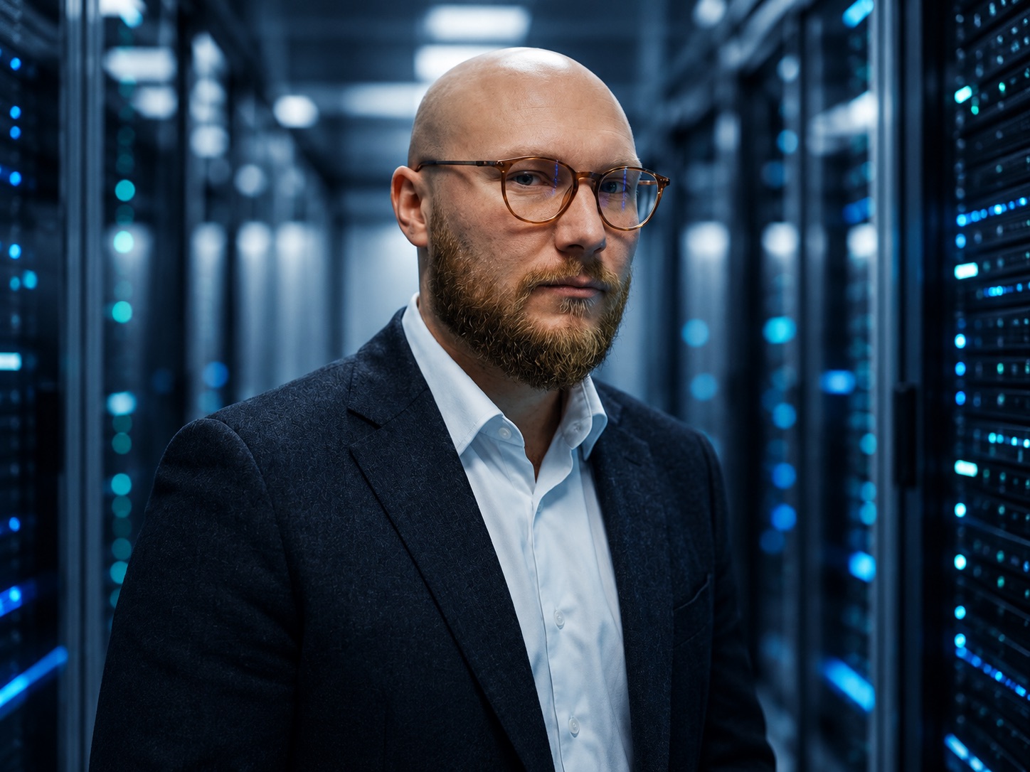 Alex Duchenchuk in a data-centre aisle between rows of server racks lit in blue