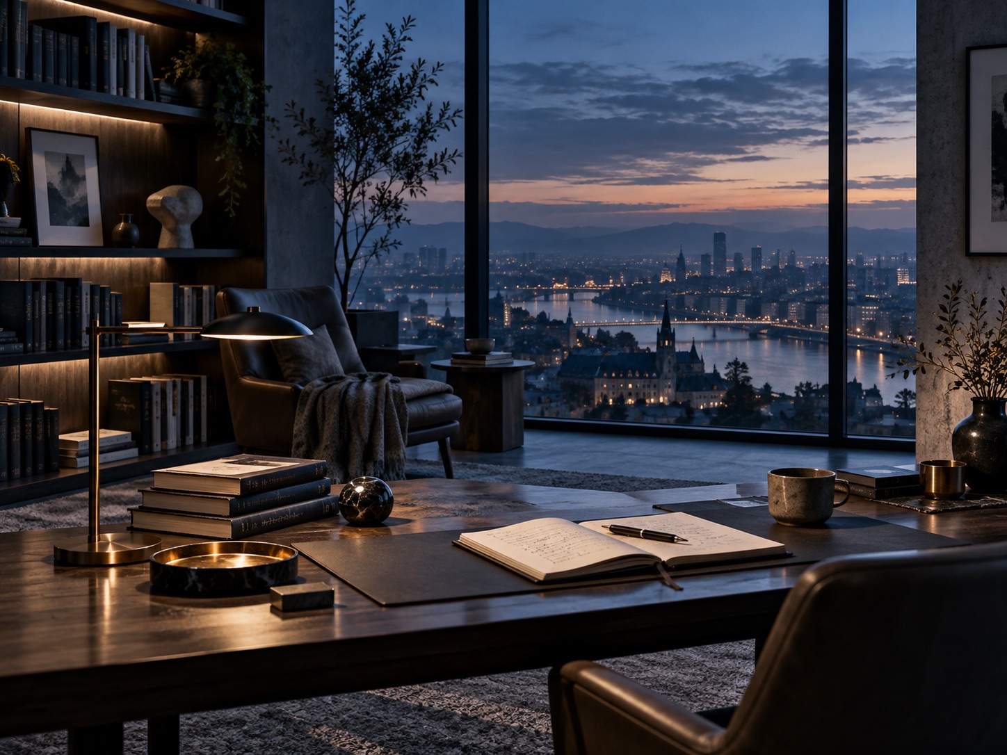 A desk at dusk with an open handwritten notebook and a pen, a lit city and river beyond the window