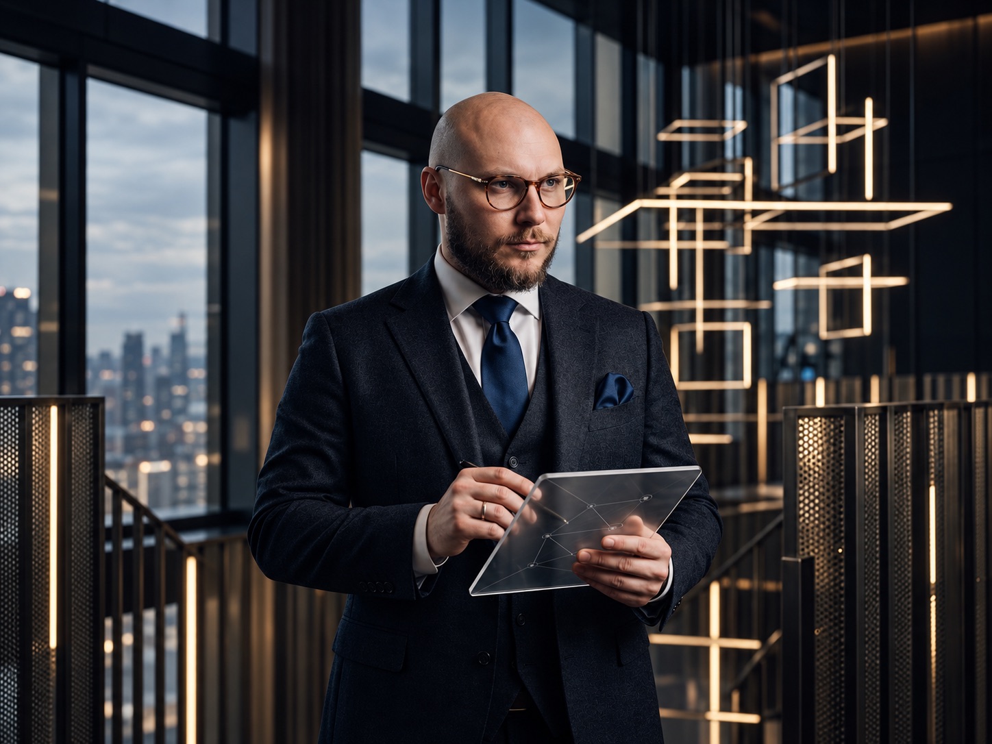 Alex Duchenchuk holding a transparent tablet showing a connected diagram, suspended geometric light frames behind him
