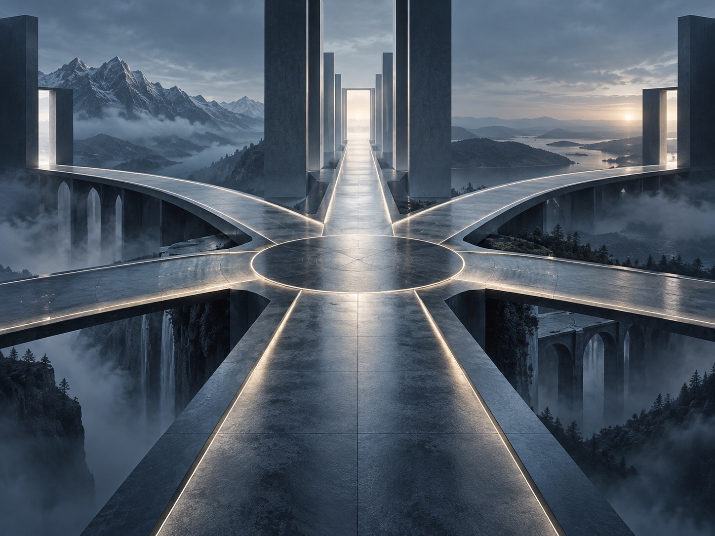 Stone walkways meeting at a circular junction above misty valleys, each path leading toward a different horizon