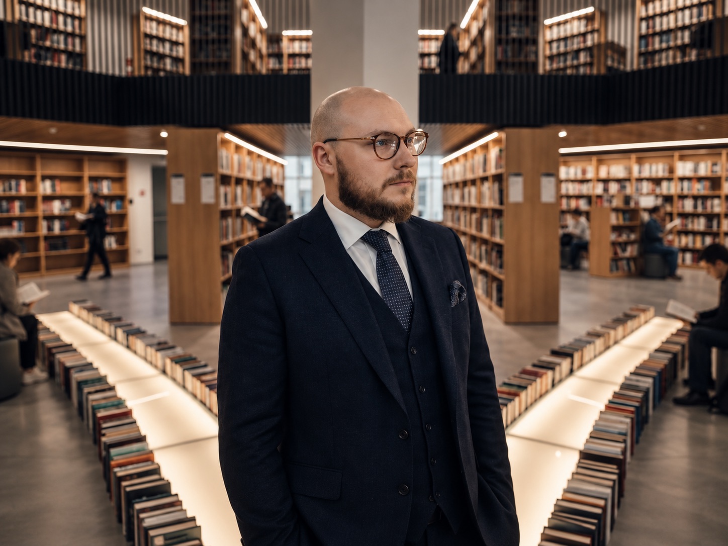 Alex Duchenchuk standing in a public library, with people reading among the shelves around him