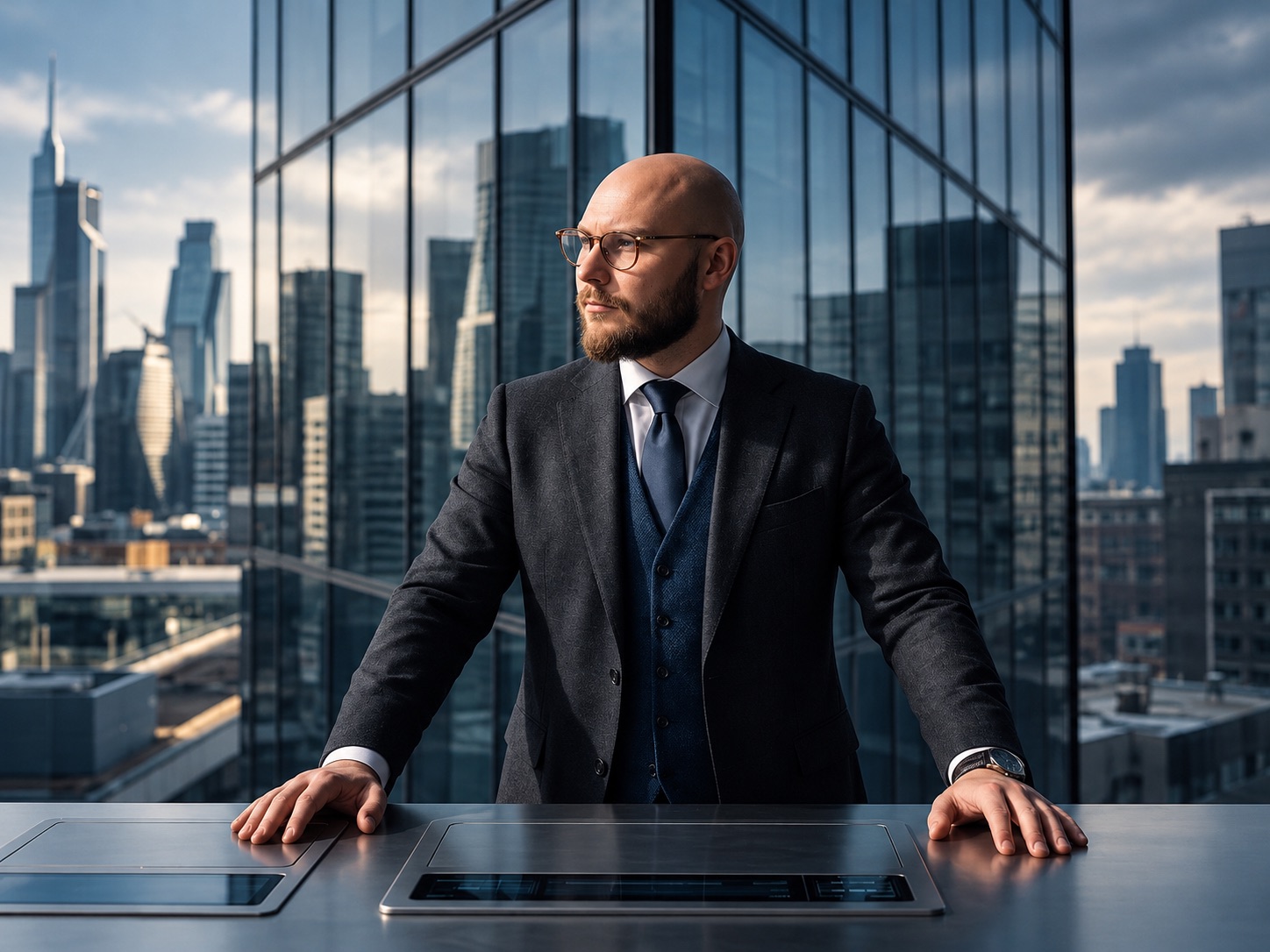 Alex Duchenchuk at a steel table in front of glass towers reflecting a city skyline