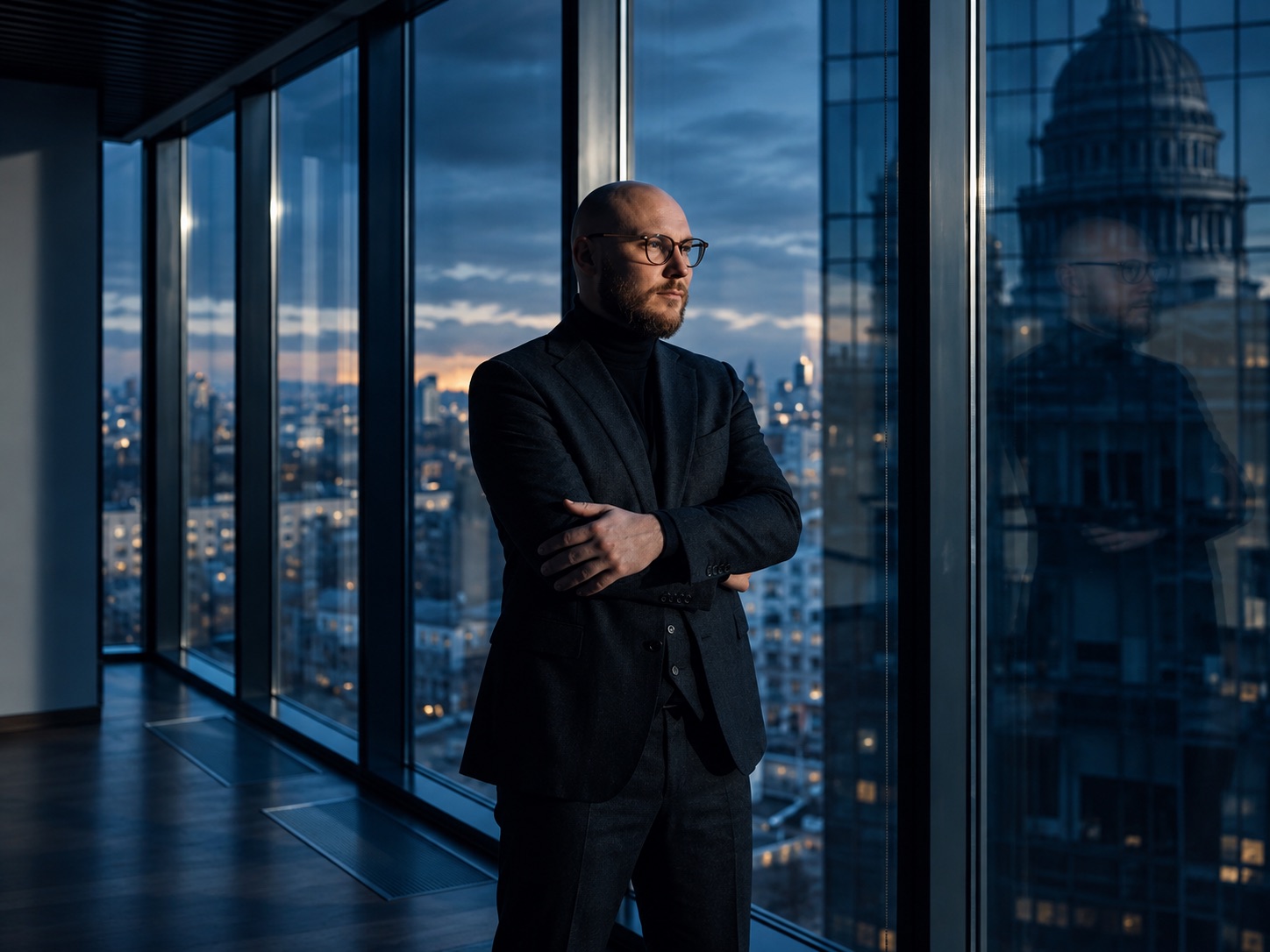Alex Duchenchuk at a high window at dusk, his reflection overlaid on a domed public building in the glass