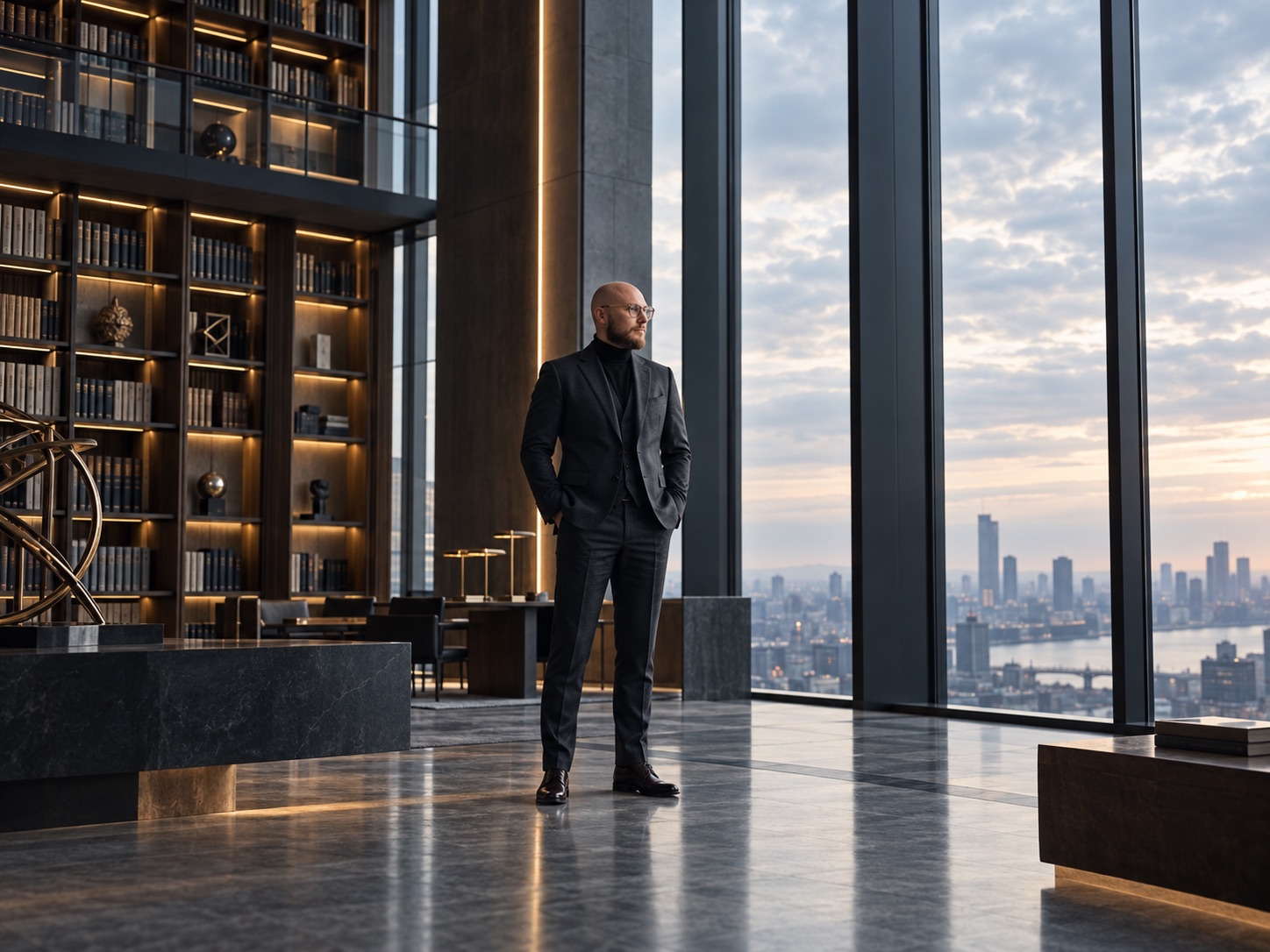 Alex Duchenchuk standing in a tall library with floor-to-ceiling shelves and a city skyline beyond the windows